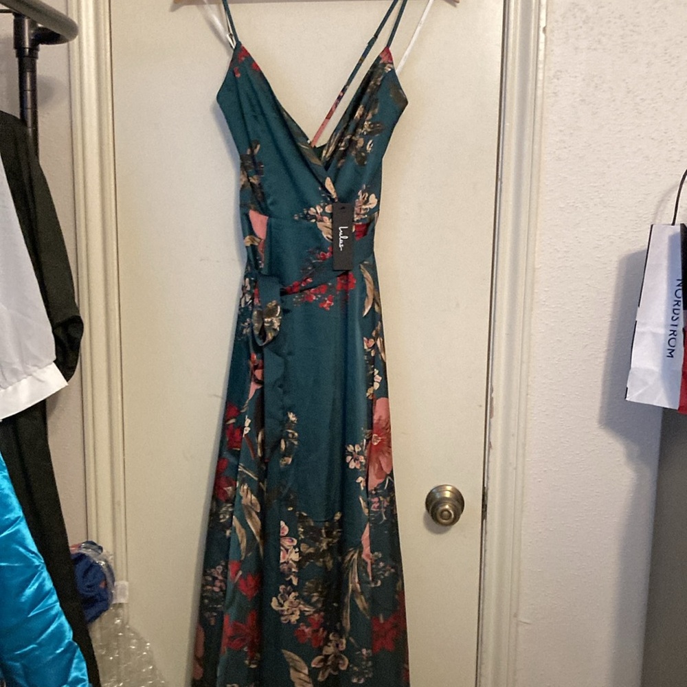 NWT Lulus Still the One Emerald Green Floral Print Satin Maxi Dress| Sz S - Picture 6 of 13
